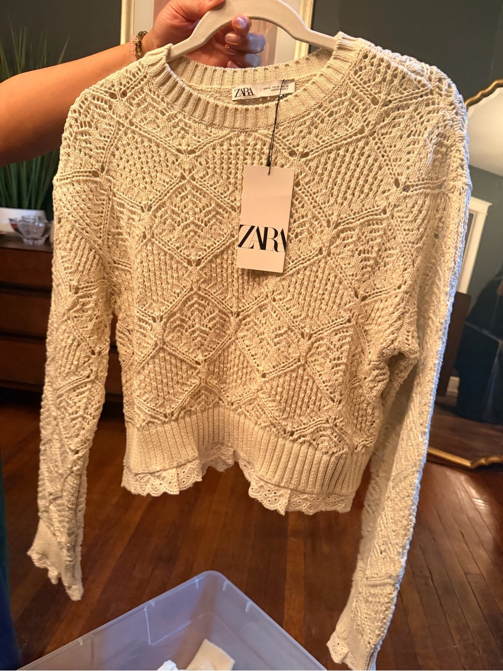 ZARA Cream Openwork Crochet Crewneck Sweater